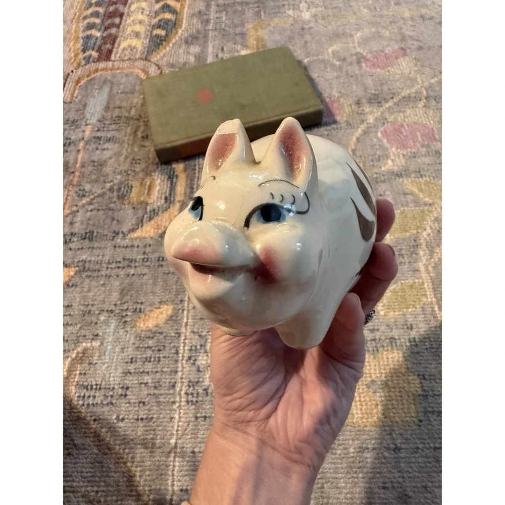 Vintage Ceramic Piggy Bank Hand Painted Pig Blue Eyes Brown Floral Mid Century
